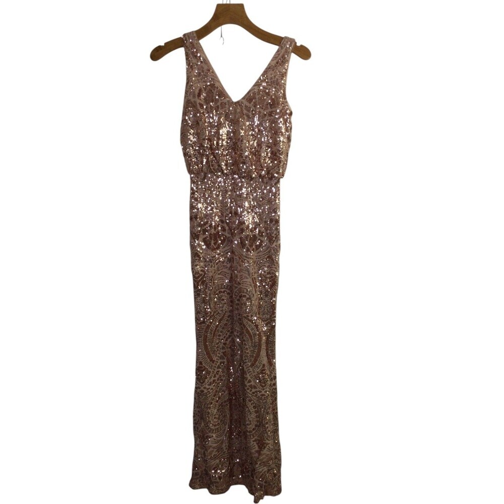 Betsy & Adam Womens Mesh Blouson Dress Sequin Sleeveless Rose Gold Pink Sz 0